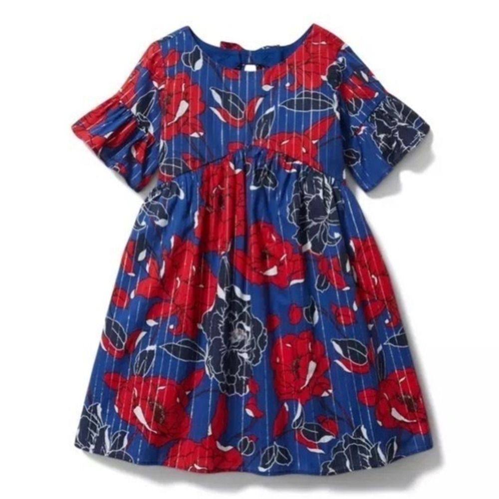 Janie and Jack Girls Dress 12-18 Months Floral Blue Red Poppy Metallic Stripe